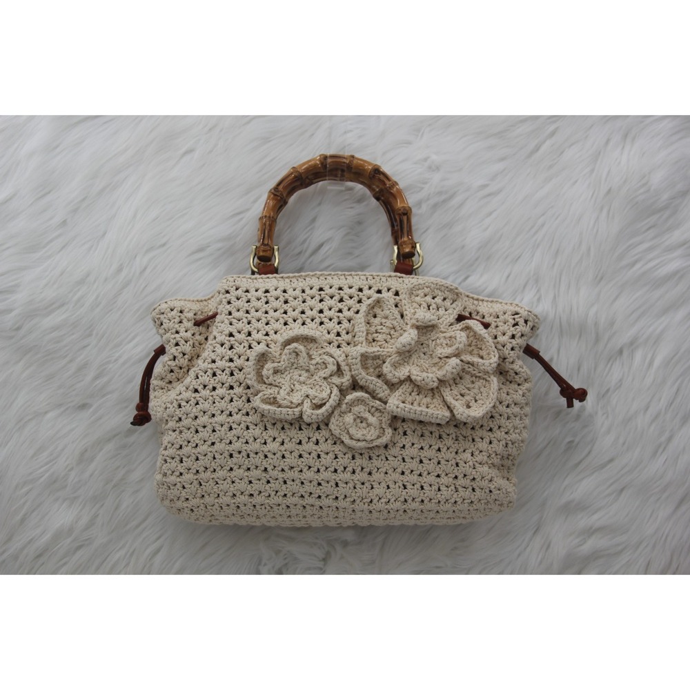 PATRICIA NASH Cantinella Crochet Bamboo Handle Satchel Bag Purse Grannycore - Picture 1 of 12